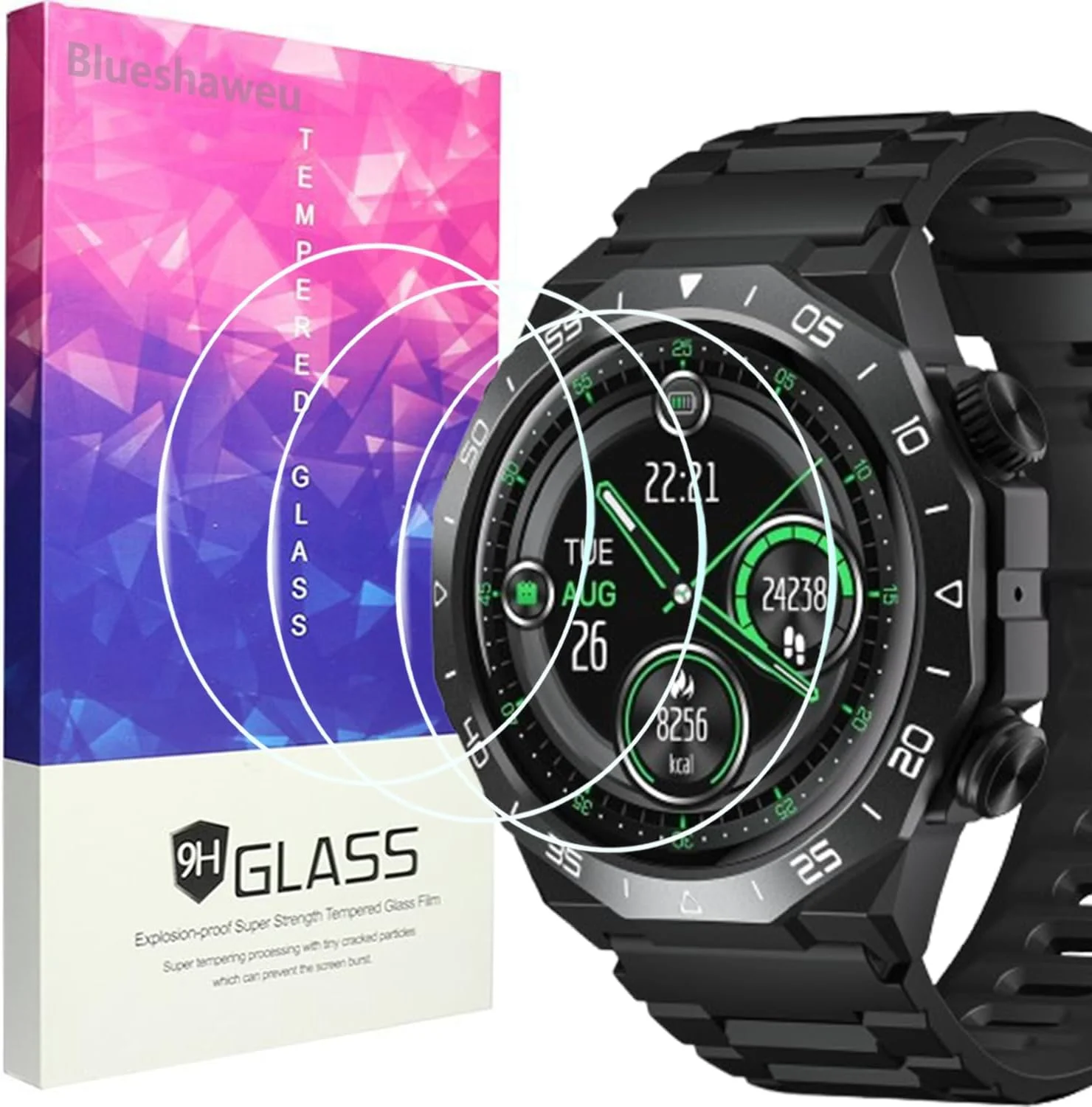 محافظ صفحه نمایش Blueshaweu سازگار با ساعت هوشمند Hoifa S11 (1.39 اینچ)، محافظ صفحه شیشه ای سخت با سختی 9H [بسته 3 عددی] سازگار با ساعت هوشمند Hoifa S11 (HD)