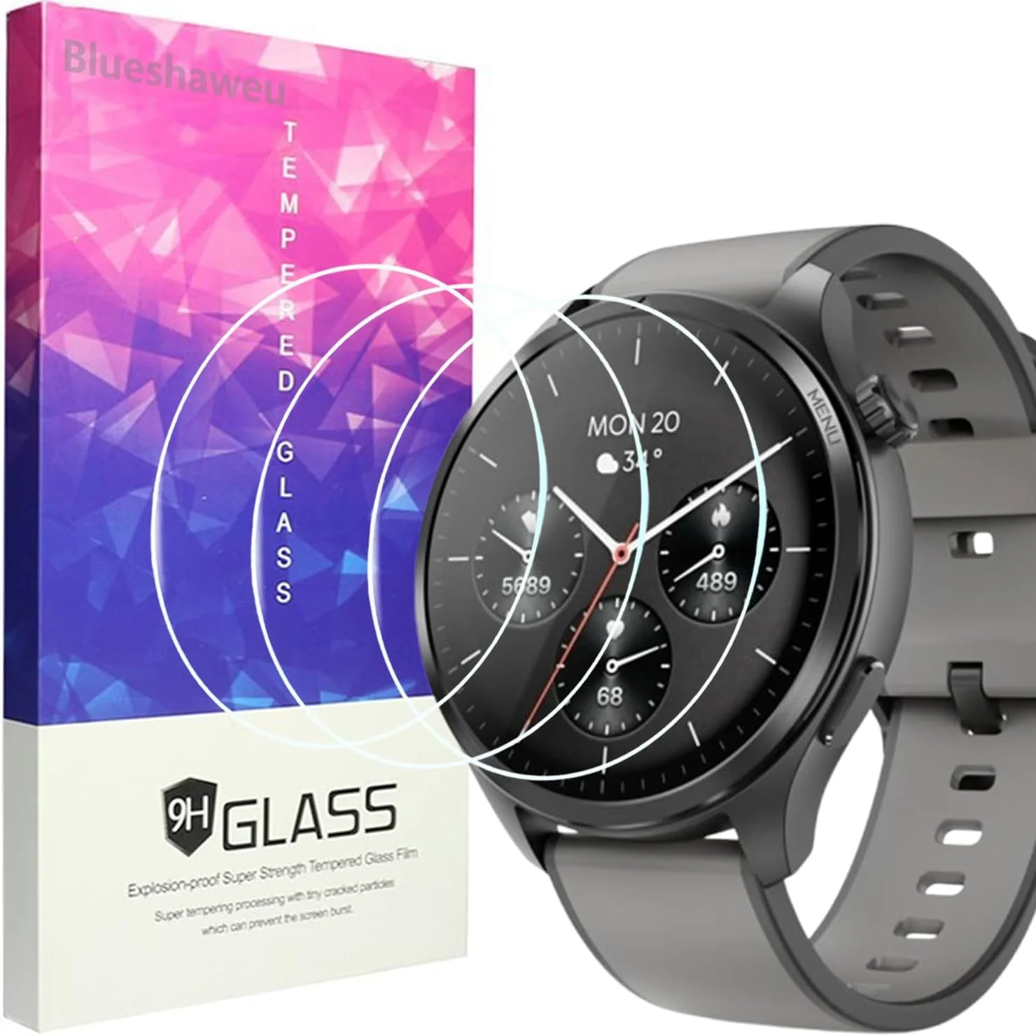 محافظ صفحه نمایش Blueshaweu سازگار با ساعت هوشمند Hama 1.43 اینچی 9000، محافظ صفحه شیشه ای سخت با سختی 9H [بسته 3 عددی] سازگار با ساعت هوشمند Hama 9000 (HD)