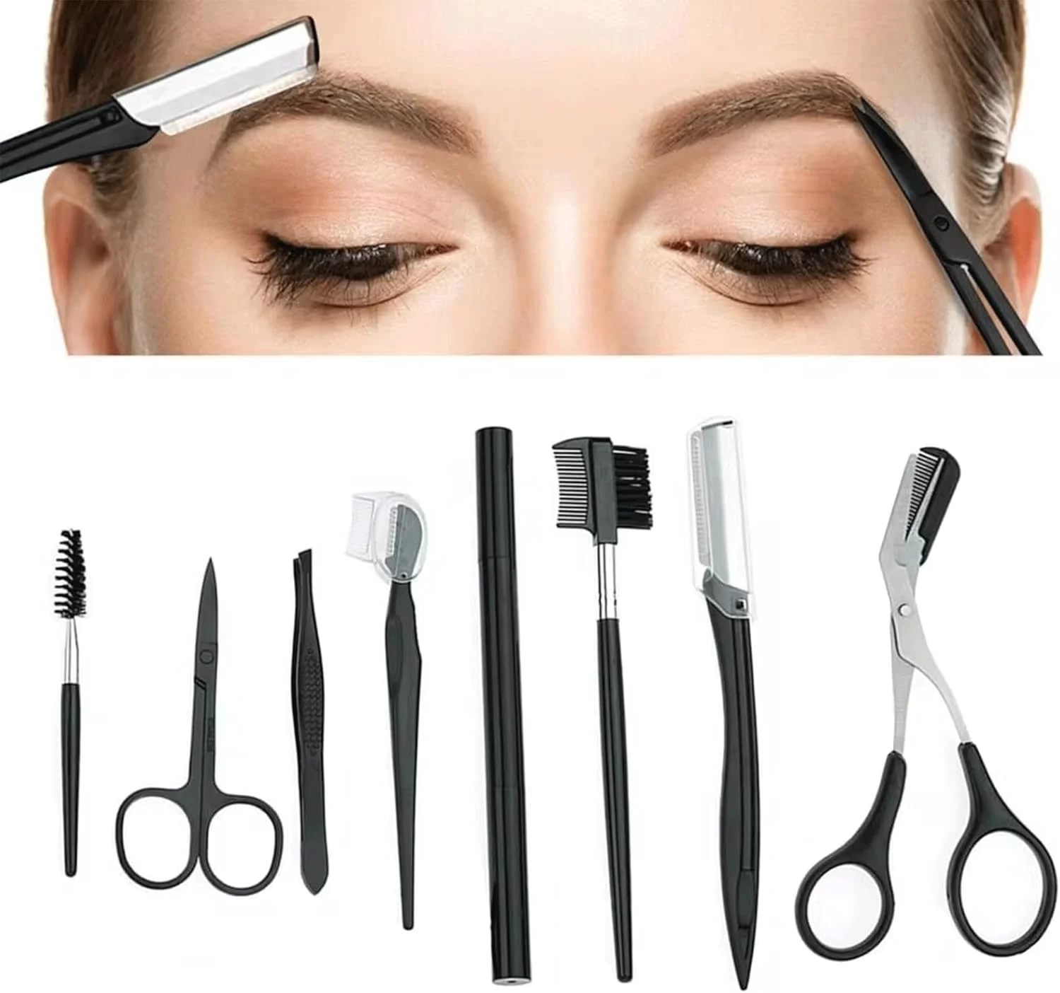 ست فرم دهنده ابرو 8 در 1، ست مرتب کننده و حالت دهنده ابرو، ست ابزار مژه برای زنان، شامل قیچی ابرو، تیغ ابرو، مداد ابرو، شانه مژه، موچین، ابزار آرایش مژه و ابزار جدا کننده مژه ست فرم دهنده ابرو 8 در 1، ست مرتب کننده و حالت دهنده ابرو، ست ابزار مژه برای زنان، شامل قیچی ابرو، تیغ ابرو، مداد ابرو، شانه مژه، موچین، ابزار آرایش مژه و ابزار جدا کننده مژه