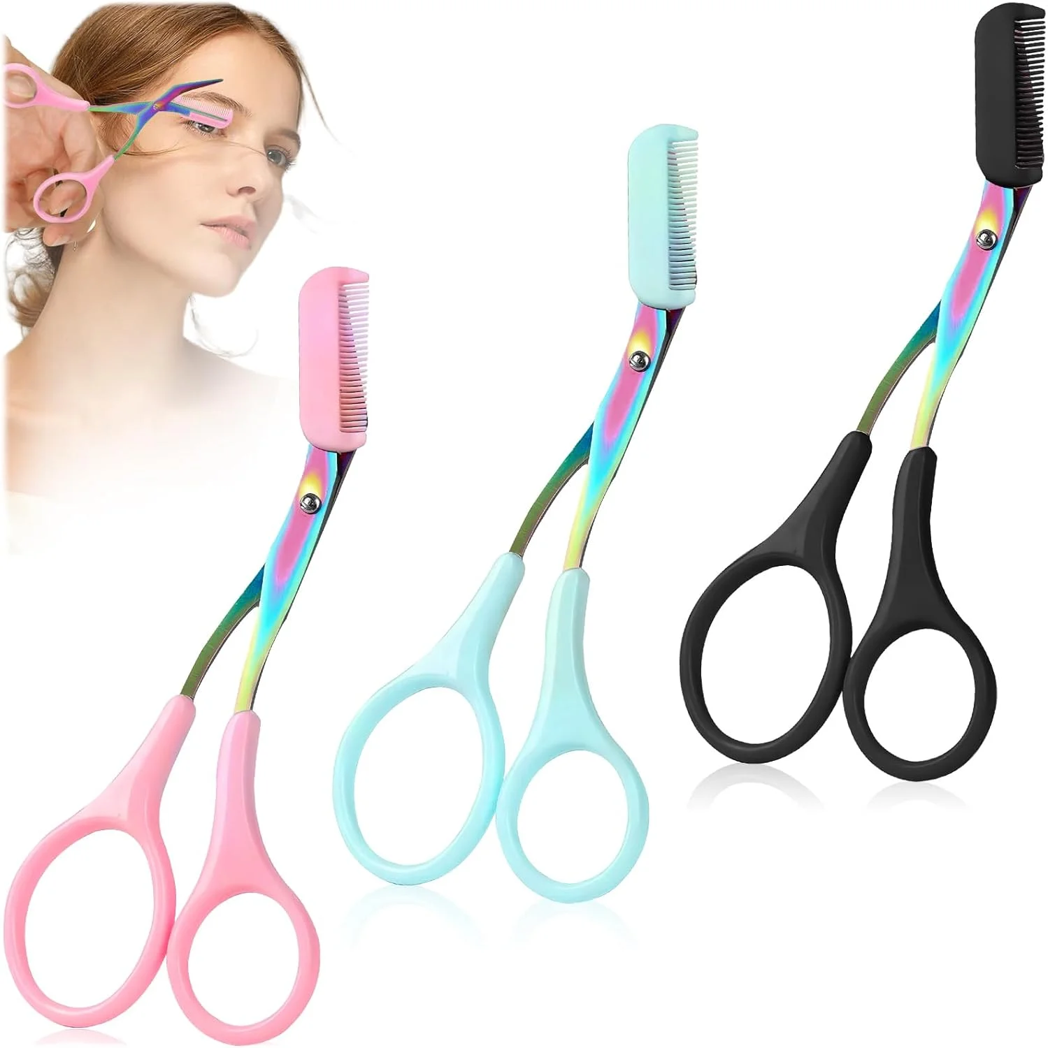 قیچی ابرو رنگارنگ به همراه شانه، بسته 3 عددی، قیچی ابرو حرفه ای برای اصلاح و آرایش ابرو آقایان و بانوان (مشکی، صورتی، آبی) قیچی ابرو رنگارنگ به همراه شانه، بسته 3 عددی، قیچی ابرو حرفه ای برای اصلاح و آرایش ابرو آقایان و بانوان (مشکی، صورتی، آبی)