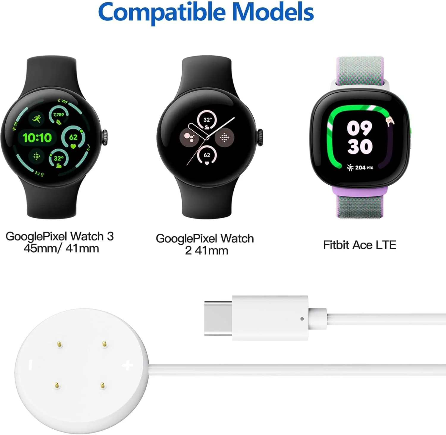 شارژر USB اسکییدو سازگار با Google Pixel Watch3/2 Fitbit Google Ace LTE، کابل شارژر با پورت Type C و شارژ مغناطیسی ساعت هوشمند، طول 1 متر (سفید)