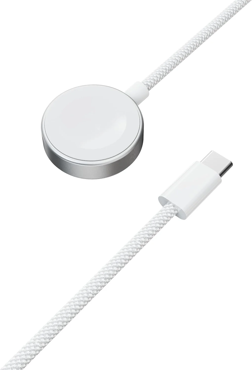 شارژر مغناطیسی ساعت هوشمند پوردو مدل One Touch با توان 2.5 وات، سازگار با iWatch و Samsung Watch، آهنربای قوی، شارژ سریع، جنس بافته شده پنبه ای بادوام، کانکتور USB-C - سفید