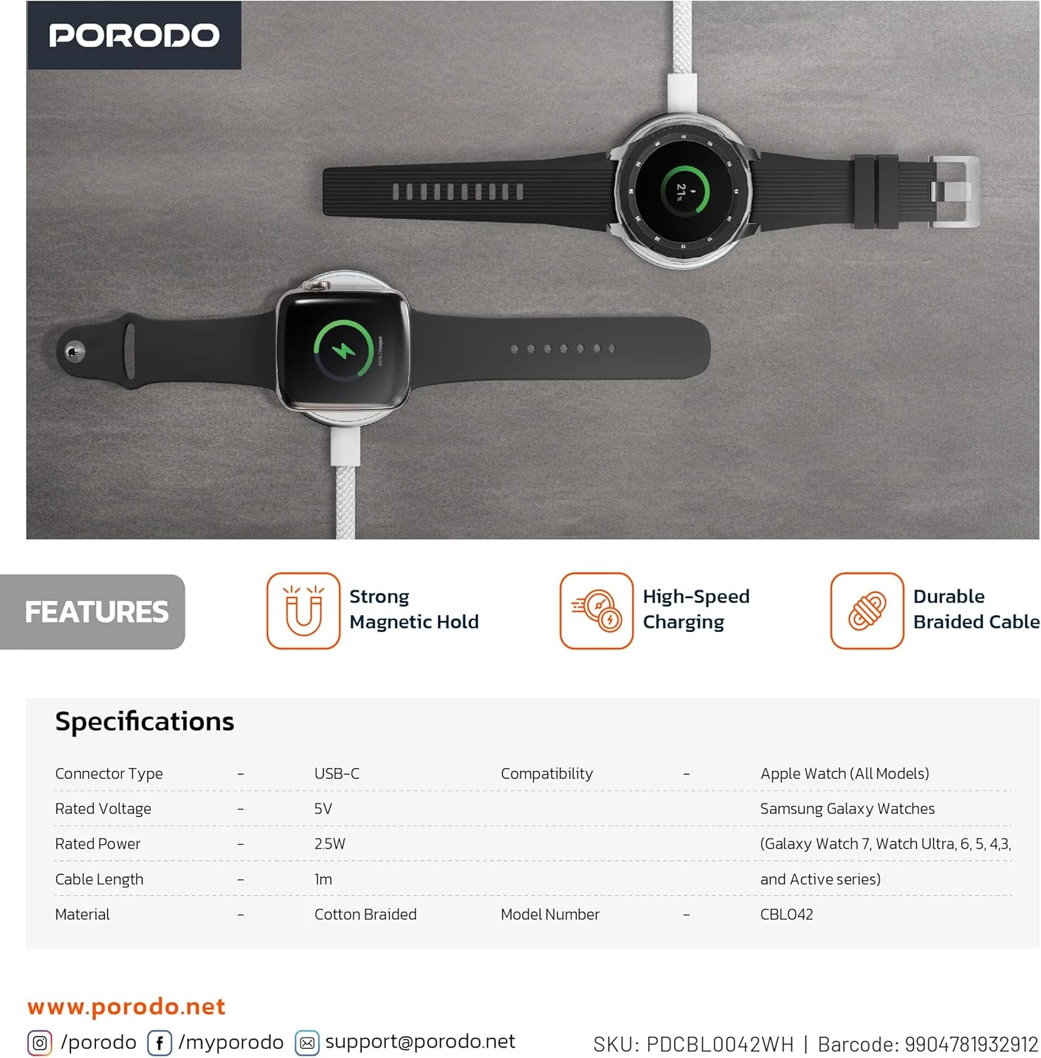 شارژر مغناطیسی ساعت هوشمند پوردو مدل One Touch با توان 2.5 وات، سازگار با iWatch و Samsung Watch، آهنربای قوی، شارژ سریع، جنس بافته شده پنبه ای بادوام، کانکتور USB-C - سفید شارژر مغناطیسی ساعت هوشمند پوردو مدل One Touch با توان 2.5 وات، سازگار با iWatch و Samsung Watch، آهنربای قوی، شارژ سریع، جنس بافته شده پنبه ای بادوام، کانکتور USB-C - سفید