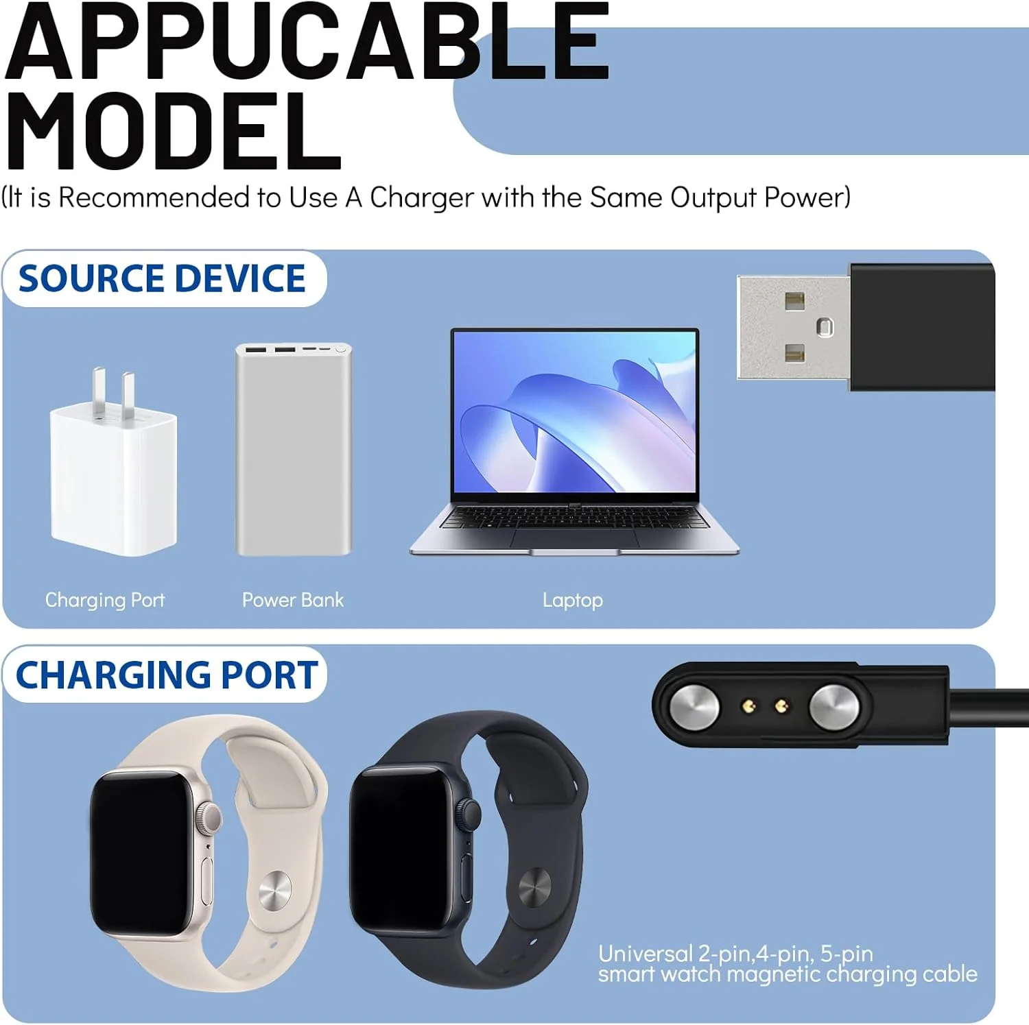 شارژر مغناطیسی ساعت هوشمند 2 پین 4 میلی متری با کابل USB مغناطیسی برای YAMAY SW022/Ticwatch GTX/Haylou RT LS05S/AGPTEK LW11 - کابل شارژ قابل حمل با ویژگی های ایمنی داخلی برای مسافرت