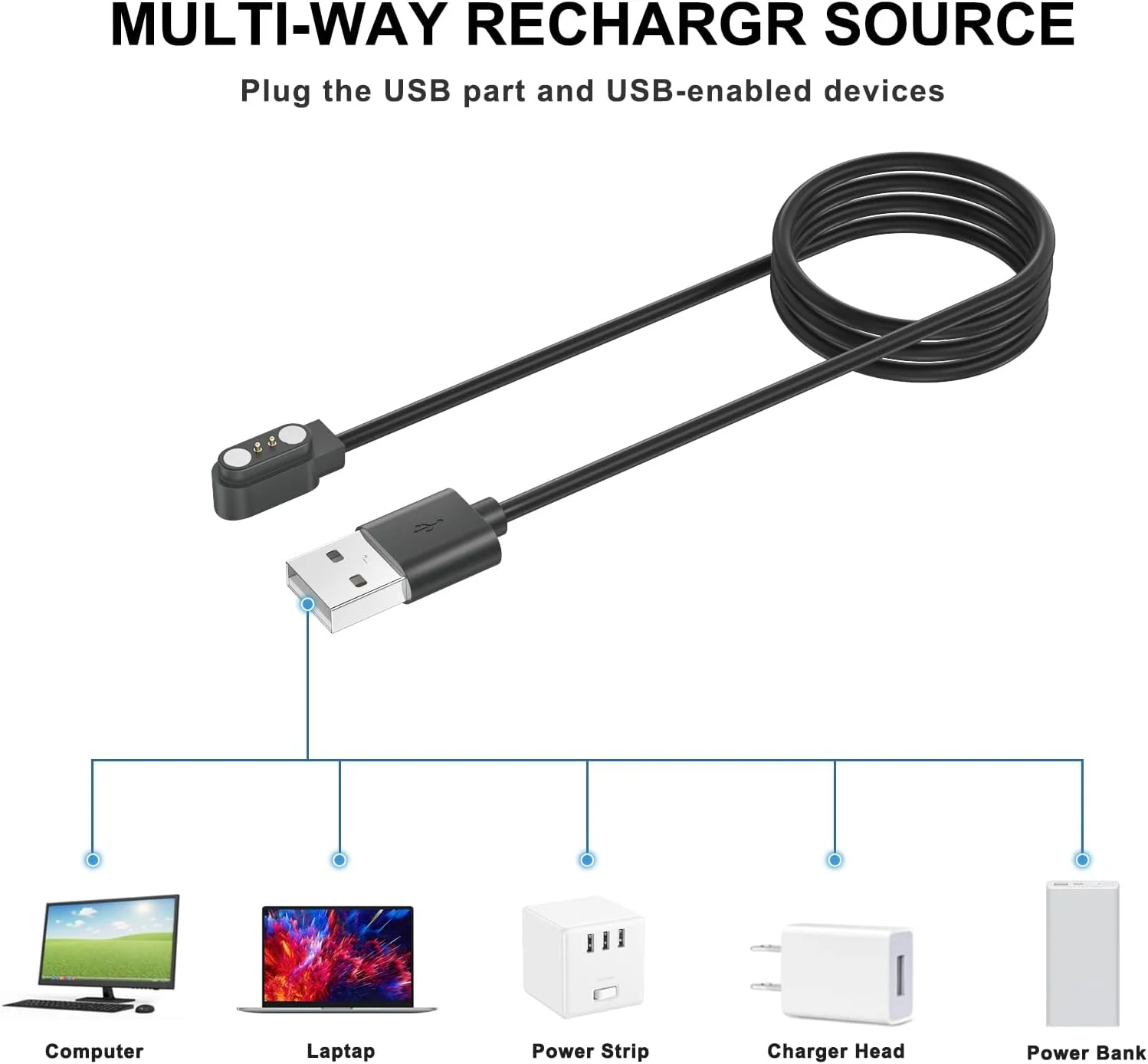 شارژر مغناطیسی برای YAMAY SW023، Willful SW021 SW025، Letsfit ID206 ID205L، LETSCOM ID205U، LIFEBEE ID205S ID216، کابل شارژ ساعت هوشمند 3.3 فوت (مشکی)