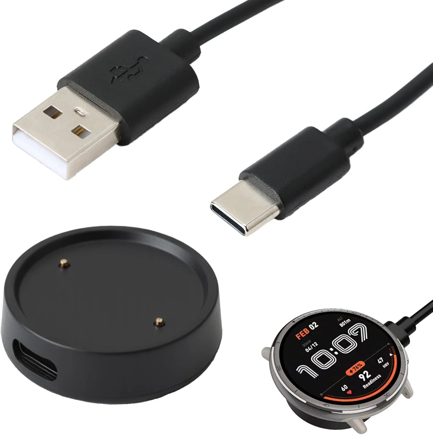 کابل شارژ USB C دو منظوره سازگار با ساعت هوشمند سری Active 2، کابل شارژ مغناطیسی 100 سانتی متری، جایگزین ایستگاه شارژ با پورت Type-C، شارژر سریع، پورت تبدیل ساعت، مشکی