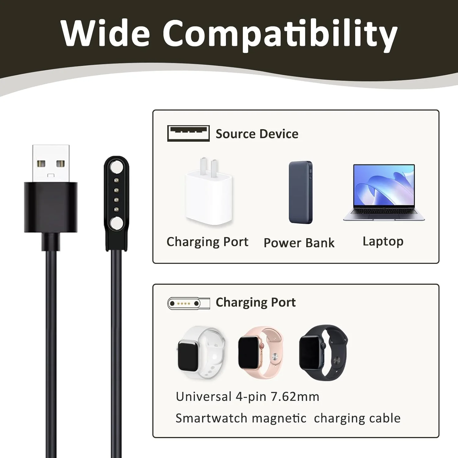 دو عدد کابل شارژ سازگار با ساعت هوشمند 4 پین با فاصله 7.62 میلی متر، کابل شارژ مغناطیسی USB برای ساعت هوشمند 4 پین، کابل شارژر جهانی، لوازم جانبی شارژ سریع مغناطیسی، مشکی دو عدد کابل شارژ سازگار با ساعت هوشمند 4 پین با فاصله 7.62 میلی متر، کابل شارژ مغناطیسی USB برای ساعت هوشمند 4 پین، کابل شارژر جهانی، لوازم جانبی شارژ سریع مغناطیسی، مشکی