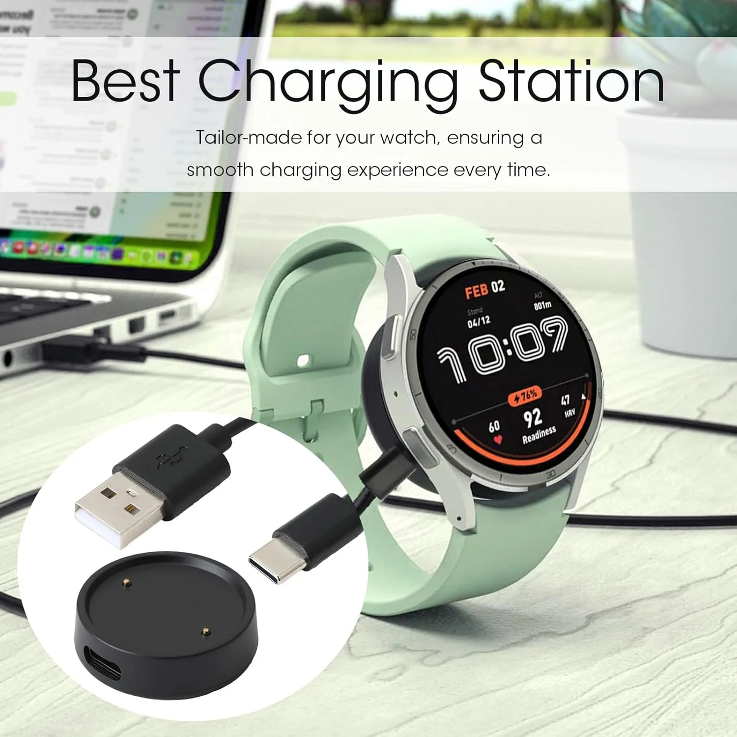 کابل شارژ USB C دو منظوره سازگار با ساعت هوشمند سری Active 2، کابل شارژ مغناطیسی 100 سانتی متری، جایگزین ایستگاه شارژ با پورت Type-C، شارژر سریع، پورت تبدیل ساعت، مشکی