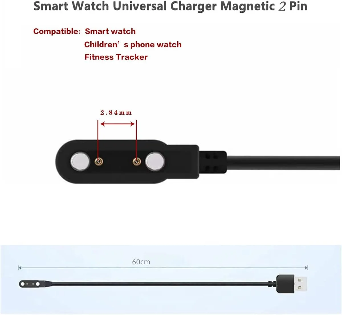 کابل شارژر ساعت هوشمند BaiWeiDun، کابل شارژ ساعت هوشمند 2 پین، شارژر مغناطیسی جهانی با فاصله پین 2.84 میلی متر