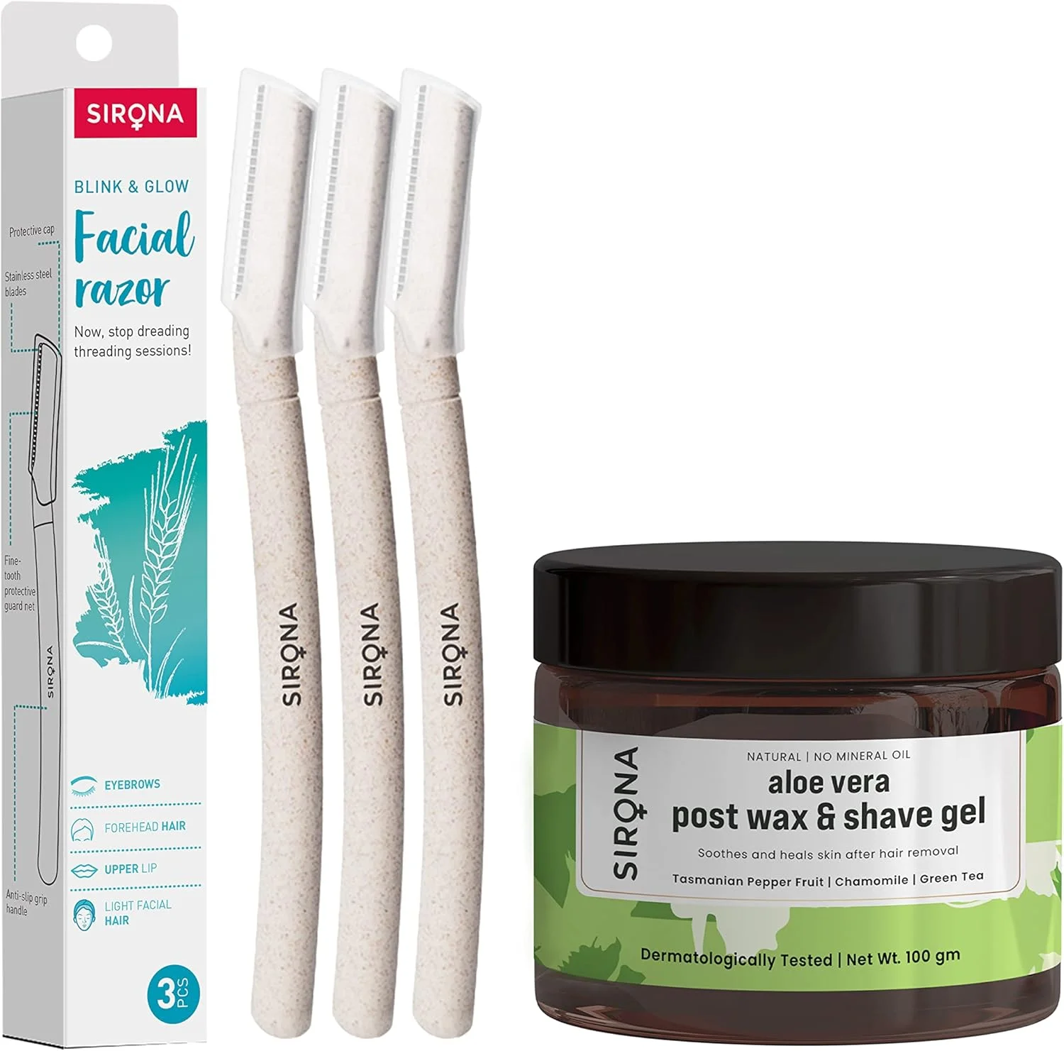 پک اصلاح موهای صورت زنانه Sirona | تیغ صورت قابل استفاده مجدد (3 تیغ) به همراه ژل آلوئه ورا بعد از اصلاح - 100 گرم | مناسب برای ابرو، لب بالا، پیشانی، موهای کرکی، چانه و خط ریش پک اصلاح موهای صورت زنانه Sirona | تیغ صورت قابل استفاده مجدد (3 تیغ) به همراه ژل آلوئه ورا بعد از اصلاح - 100 گرم | مناسب برای ابرو، لب بالا، پیشانی، موهای کرکی، چانه و خط ریش