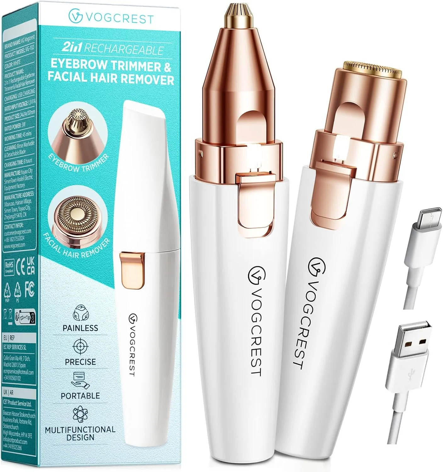 موکن ابرو و از بین برنده موهای صورت شارژی برای بانوان، ریش تراش ابرو و موکن بی عیب و نقص 2 در 1، از بین بردن موهای صورت، لب، بینی و بدن برای زنان با چراغ LED داخلی (سفید)