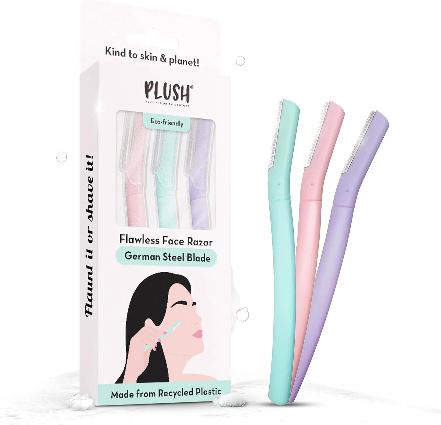 تیغ اصلاح صورت مخملی بی نقص و قابل استفاده مجدد برای بانوان (بسته 3 عددی) | تیغ ابرو و صورت با تیغه فولادی آلمانی تک | از بین بردن فوری و بدون درد موهای لب بالا، پیشانی، خط ریش | جلوگیری از تیغ