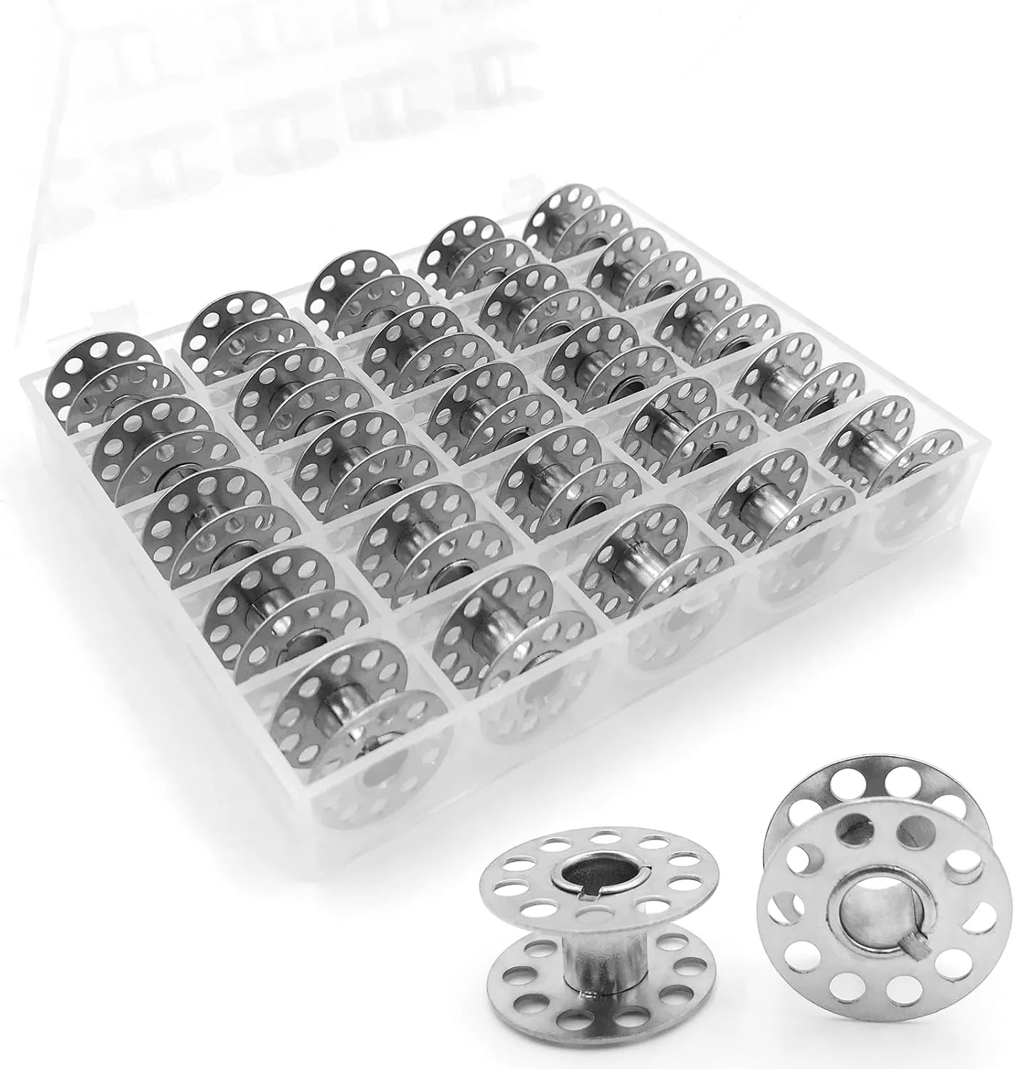 قرقره فلزی چرخ خیاطی BIDEX، بسته 25 عددی به همراه جعبه نگهداری - قرقره های کلاس 15 سازگار با Singer، Brother، Kenmore، Bernina، Elna، Babylock - ماسوره های نخ بادوام و مقاوم در برابر زنگ زدگی