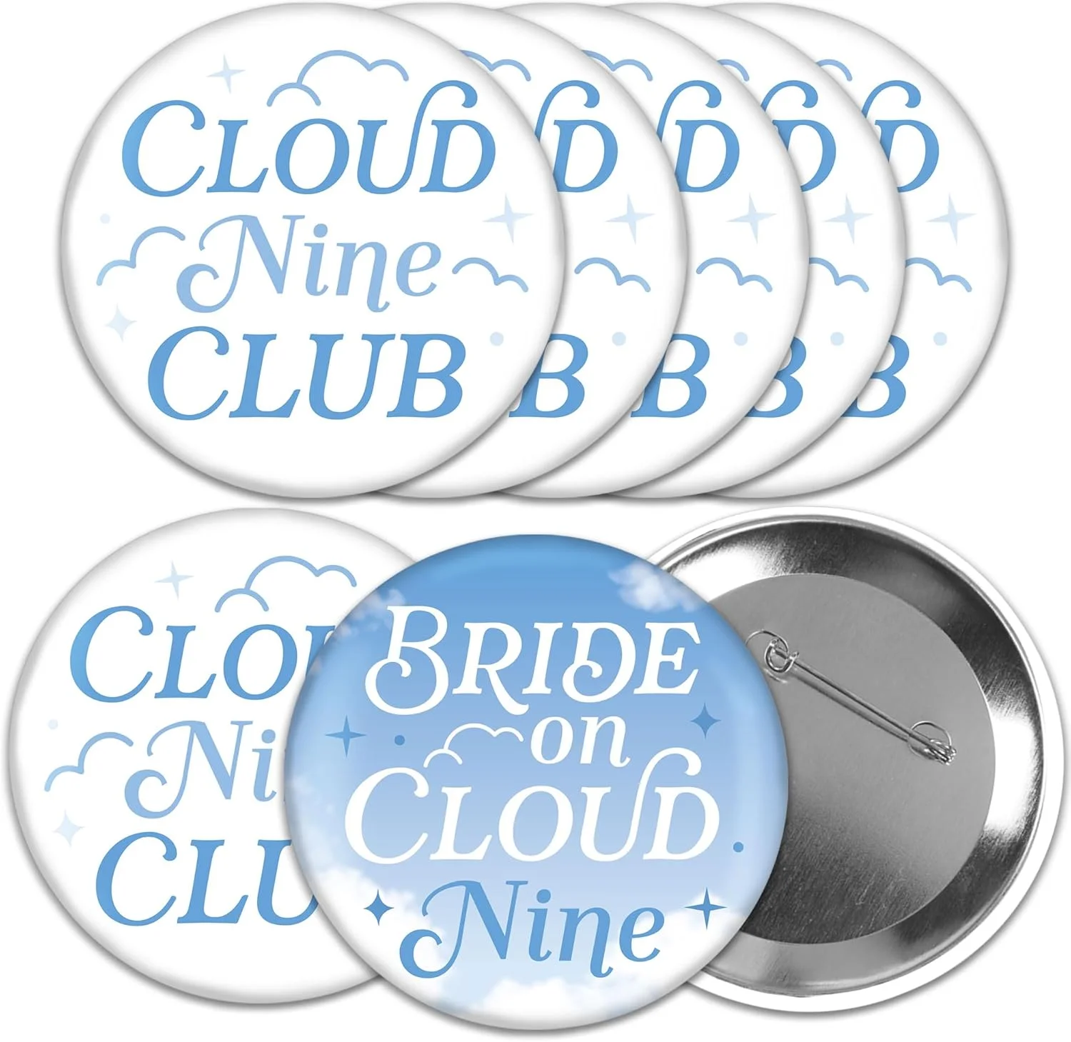 بیگ دات آو هپینس نشان سینه مهمانی مجردی یا عروسی طرح On Cloud 9 - دکمه های سنجاقی - مجموعه 8 عددی