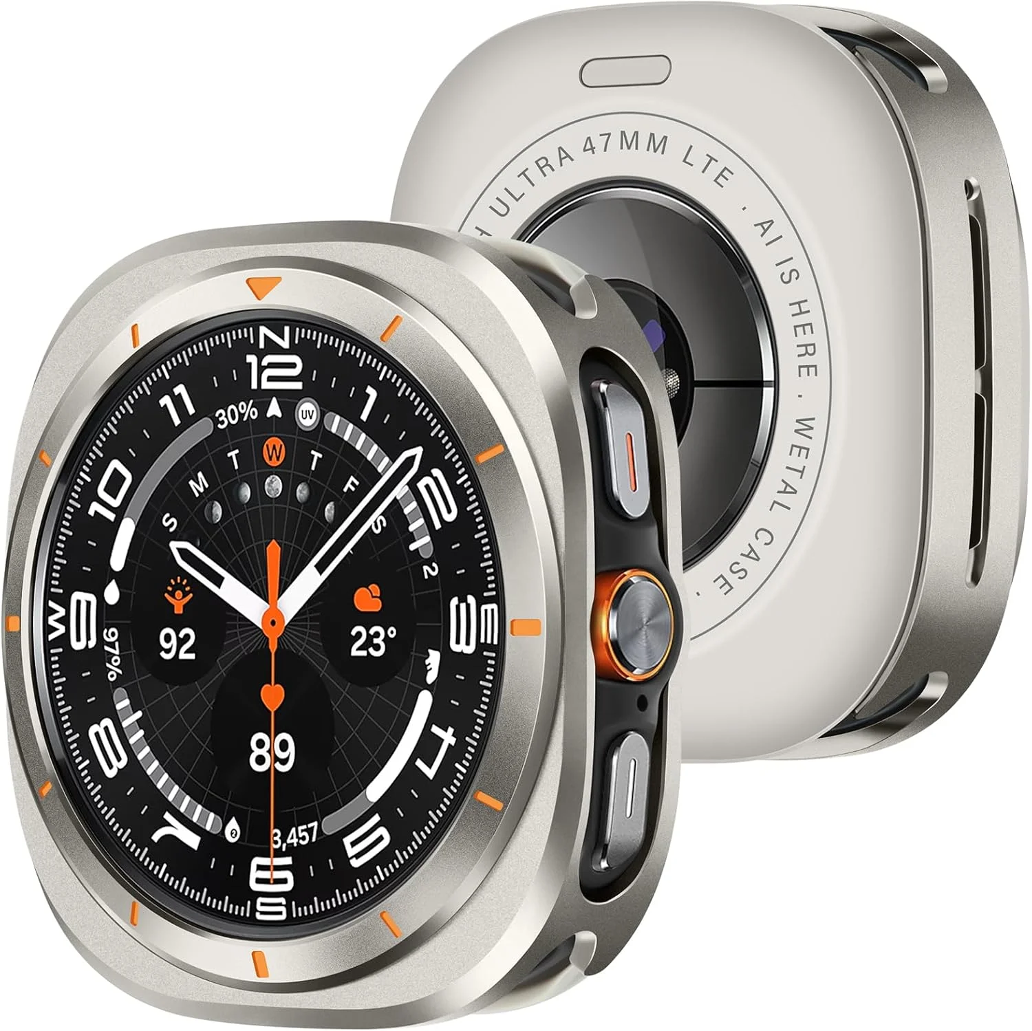 محافظ ساعت هوشمند Amizee تیتانیومی/نارنجی برای Samsung Galaxy Watch 7 Ultra 47mm، محافظ ضربه گیر فلزی مقاوم، ضد ضربه، نصب و جدا سازی آسان، محافظت در طول فعالیت های بدنی و استفاده روزانه