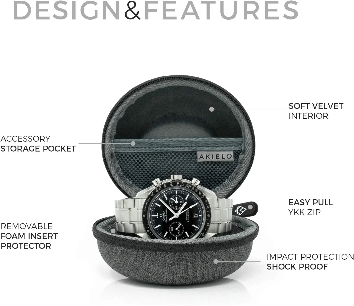 جعبه ساعت AKIELO - پارچه تمیز کننده و جعبه هدیه - برای ساعت های مچی مردانه و زنانه و ساعت های هوشمند تا 54 میلی متر (نسخه خاکستری ذغالی)
