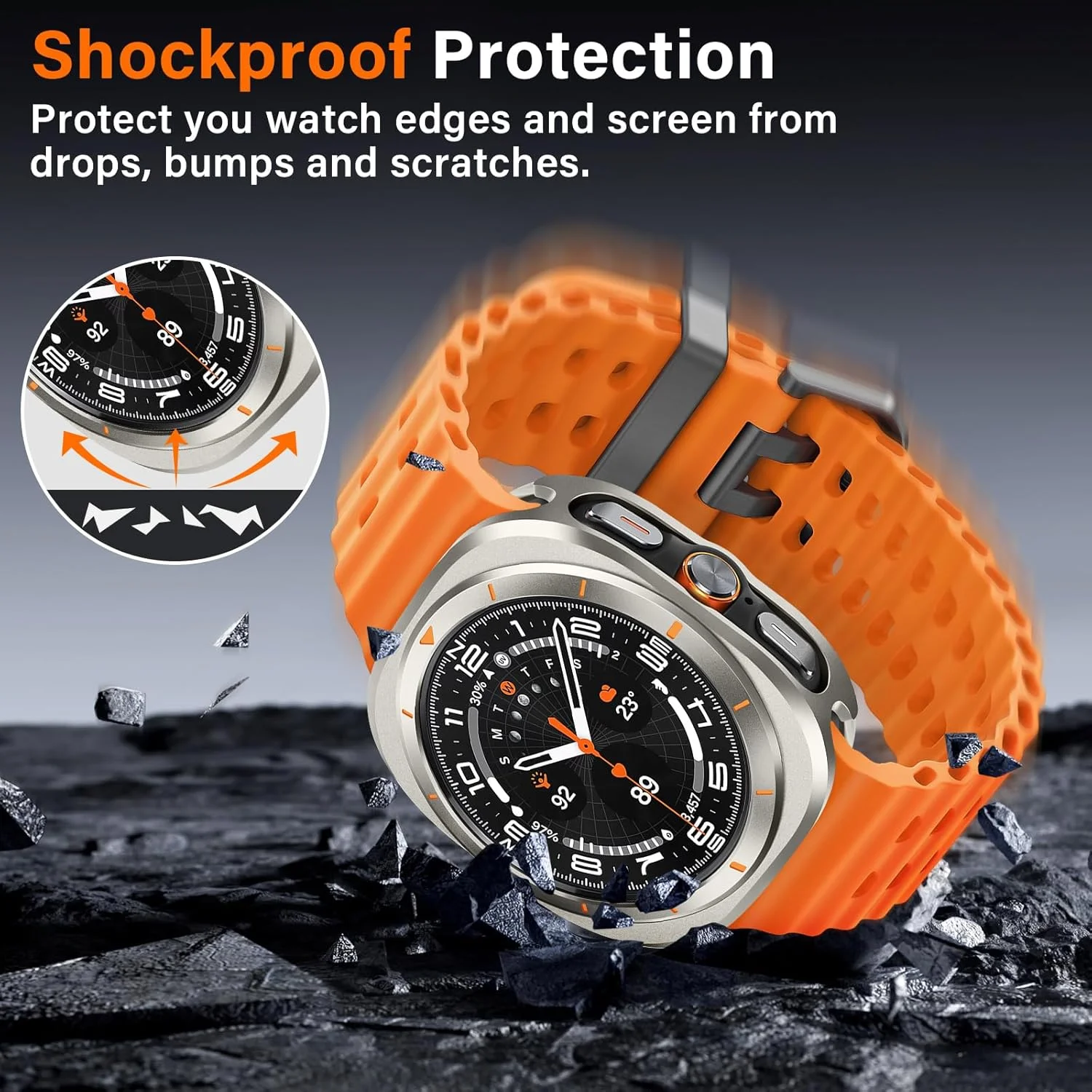 محافظ ساعت هوشمند Amizee تیتانیومی/نارنجی برای Samsung Galaxy Watch 7 Ultra 47mm، محافظ ضربه گیر فلزی مقاوم، ضد ضربه، نصب و جدا سازی آسان، محافظت در طول فعالیت های بدنی و استفاده روزانه