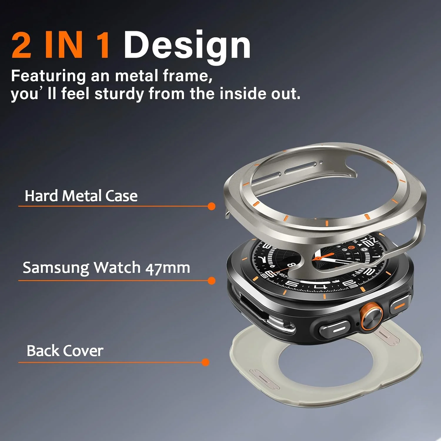 محافظ ساعت هوشمند Amizee تیتانیومی/نارنجی برای Samsung Galaxy Watch 7 Ultra 47mm، محافظ ضربه گیر فلزی مقاوم، ضد ضربه، نصب و جدا سازی آسان، محافظت در طول فعالیت های بدنی و استفاده روزانه