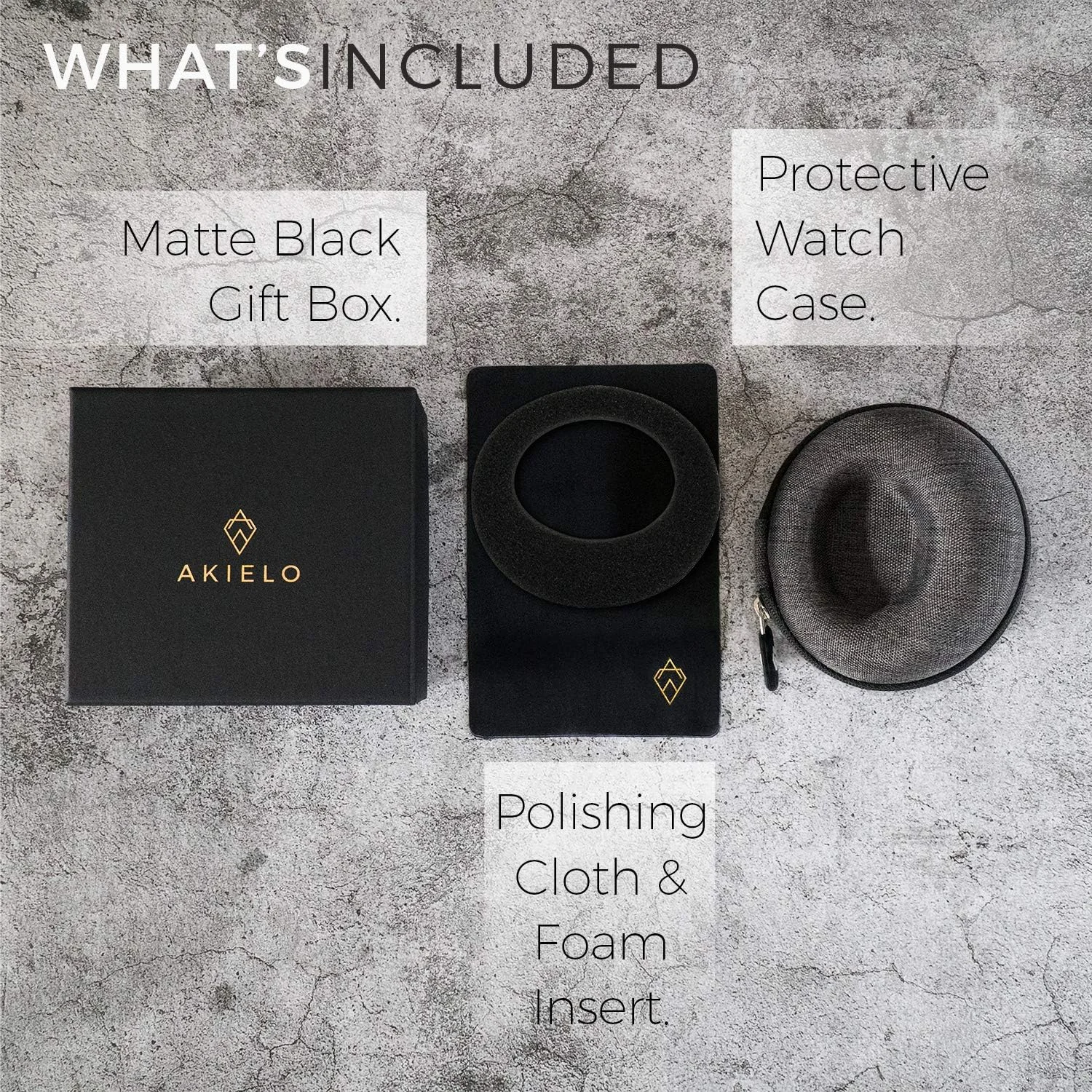 جعبه ساعت AKIELO - پارچه تمیز کننده و جعبه هدیه - برای ساعت های مچی مردانه و زنانه و ساعت های هوشمند تا 54 میلی متر (نسخه خاکستری ذغالی)