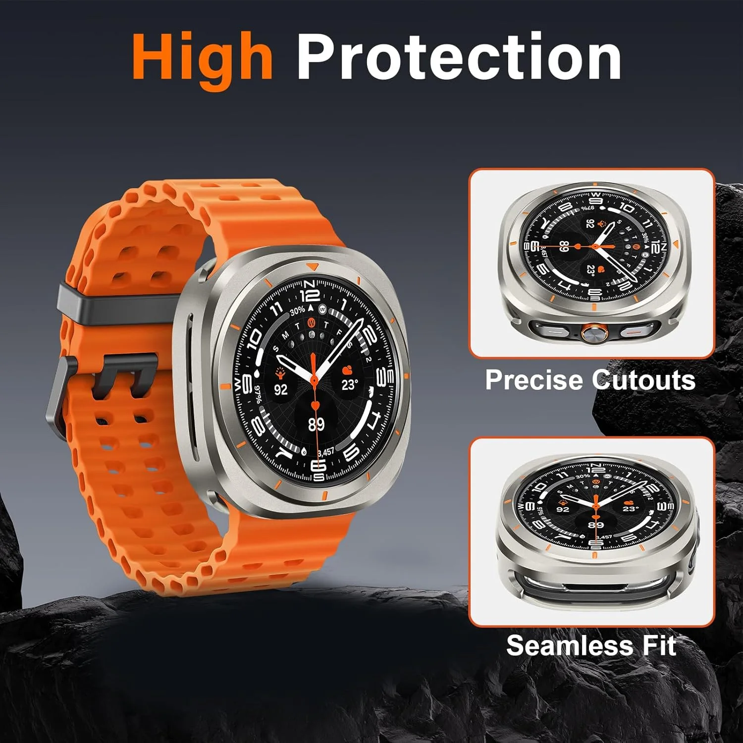 محافظ ساعت هوشمند Amizee تیتانیومی/نارنجی برای Samsung Galaxy Watch 7 Ultra 47mm، محافظ ضربه گیر فلزی مقاوم، ضد ضربه، نصب و جدا سازی آسان، محافظت در طول فعالیت های بدنی و استفاده روزانه