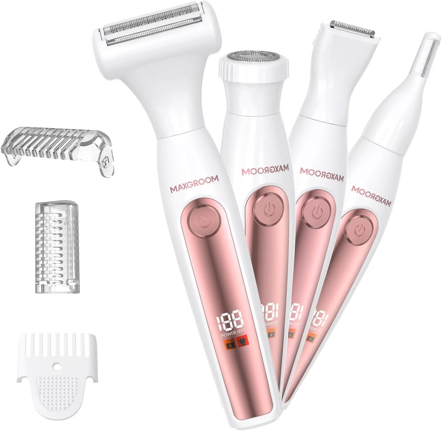 ماشین اصلاح بیکینی MAXGROOM برای بانوان، ماشین اصلاح برقی ضد آب همه کاره و موبر صورت، ست های پیرایش موی بدن قابل شارژ برای پا، زیر بغل، صورت، ابرو (سفید)