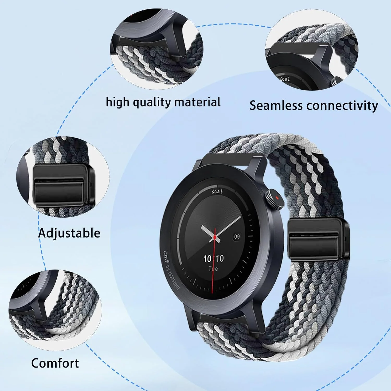 بند نوکاجو برای CMF Watch 3 Pro، بند مچی بافته شده و تنفس پذیر، بند بافته شده نایلونی، بند مچی قابل تنظیم، زنانه مردانه، بند جایگزین برای ساعت هوشمند CMF Watch 3 Pro (سیاه-سفید)