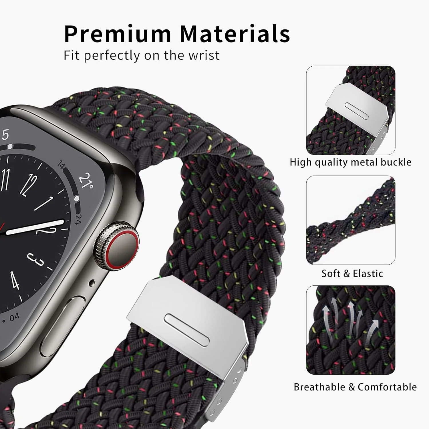 بند سازگار با اپل واچ 49mm 45mm 46mm 44mm، بند بافته شده جایگزین، بند الاستیک قابل تنظیم و کشسان ورزشی برای iWatch ultra2 ultra Series10/9/8/7/6/SE/5/4/3/2/1