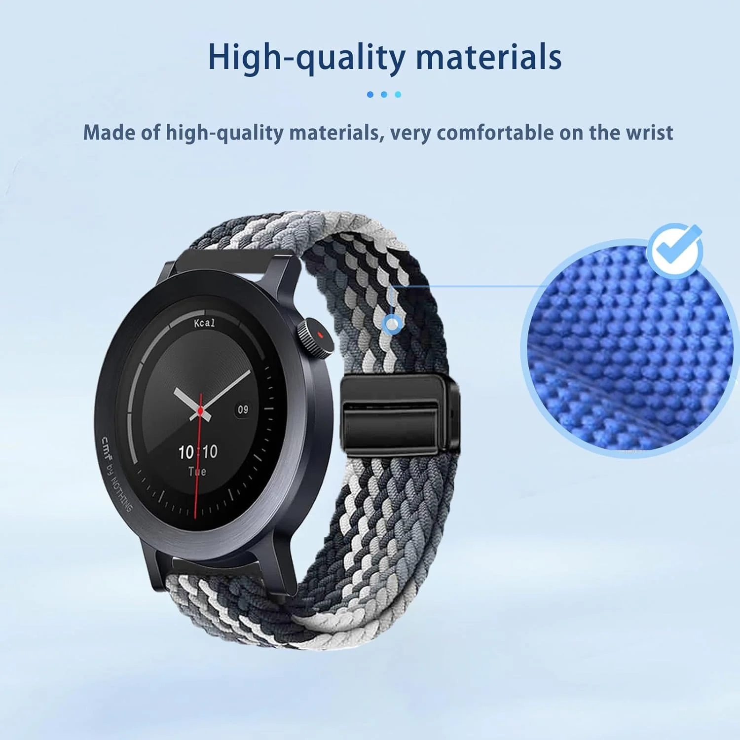 بند نوکاجو برای CMF Watch 3 Pro، بند مچی بافته شده و تنفس پذیر، بند بافته شده نایلونی، بند مچی قابل تنظیم، زنانه مردانه، بند جایگزین برای ساعت هوشمند CMF Watch 3 Pro (سیاه-سفید)