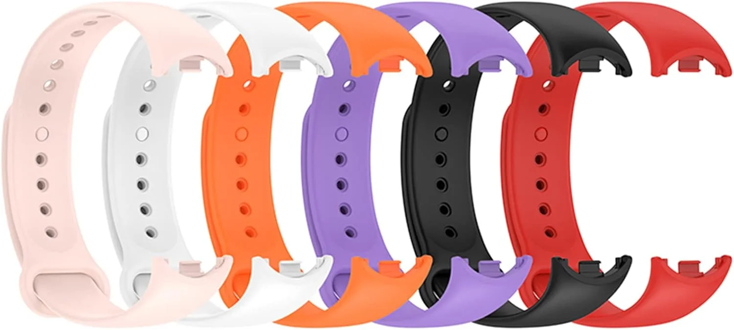 بسته 6 عددی بند جایگزین سازگار با بندهای Mi Band 8، بندهای مچی سیلیکونی نرم و قابل تنظیم، بند ساعت هوشمند برای زنان و مردان