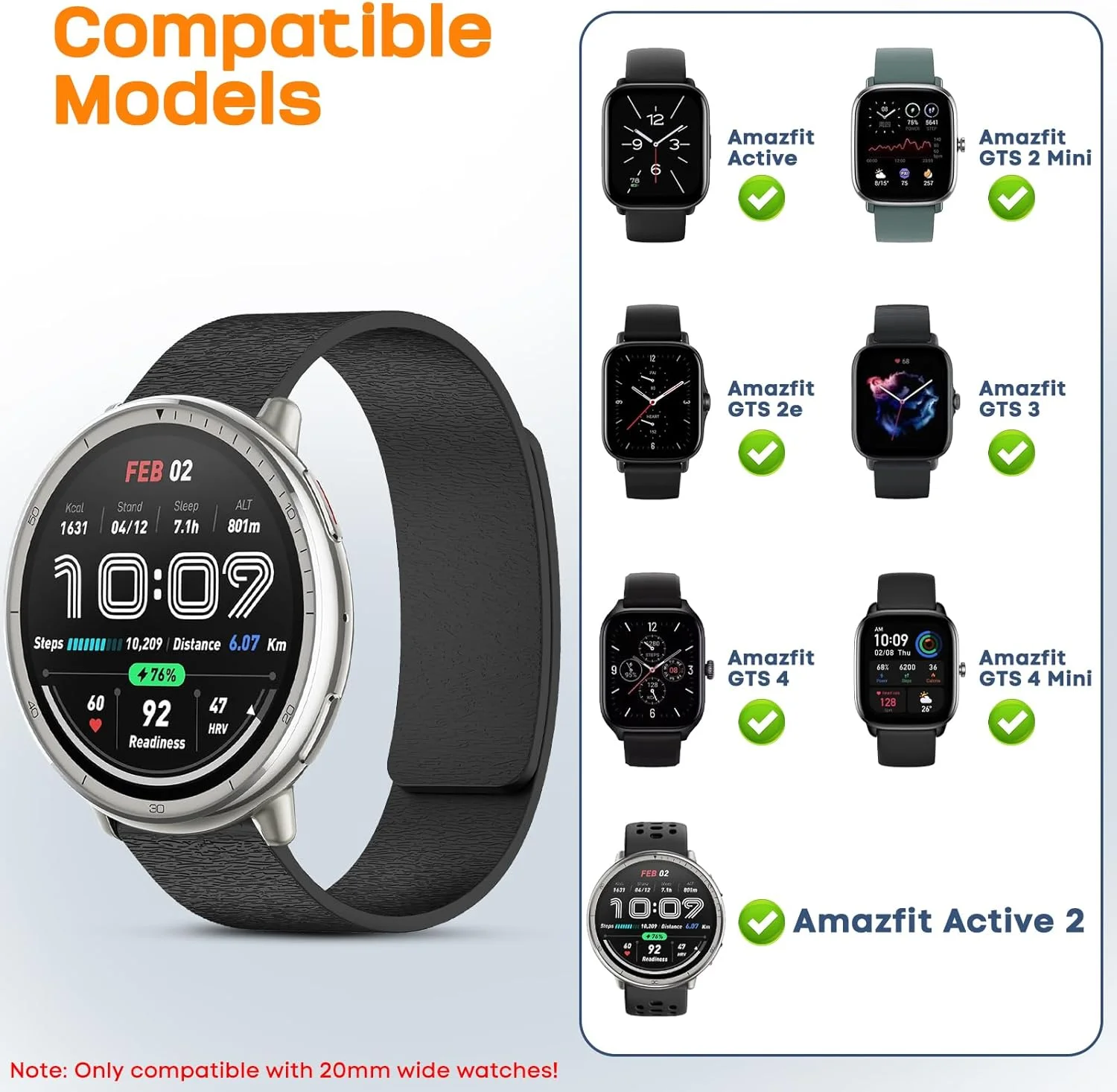 بند سیلیکونی CHULN برای Amazfit Active 2/Active/Garmin Vivoactive 5/Amazfit GTS/GTS 2/2 Mini، بند جایگزین اسپورت مغناطیسی قابل تنظیم 20 میلی‌متری برای مردان و زنان. (بدون هاست)