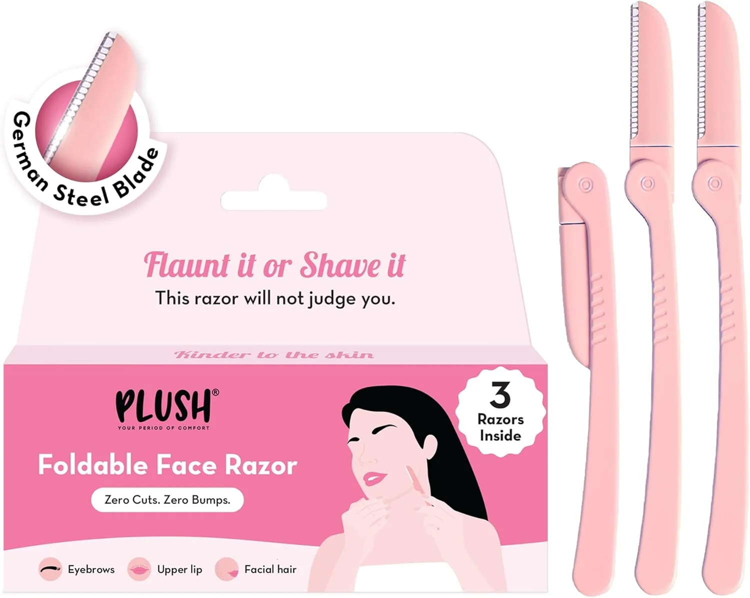 تیغ ابرو و صورت تاشو و قابل استفاده مجدد مخملی Fubu برای زنان (بسته 3 عددی) | مناسب برای بالای لب، پیشانی، خط ریش و ابرو | از بین بردن موهای زائد بدون درد و فوری در خانه