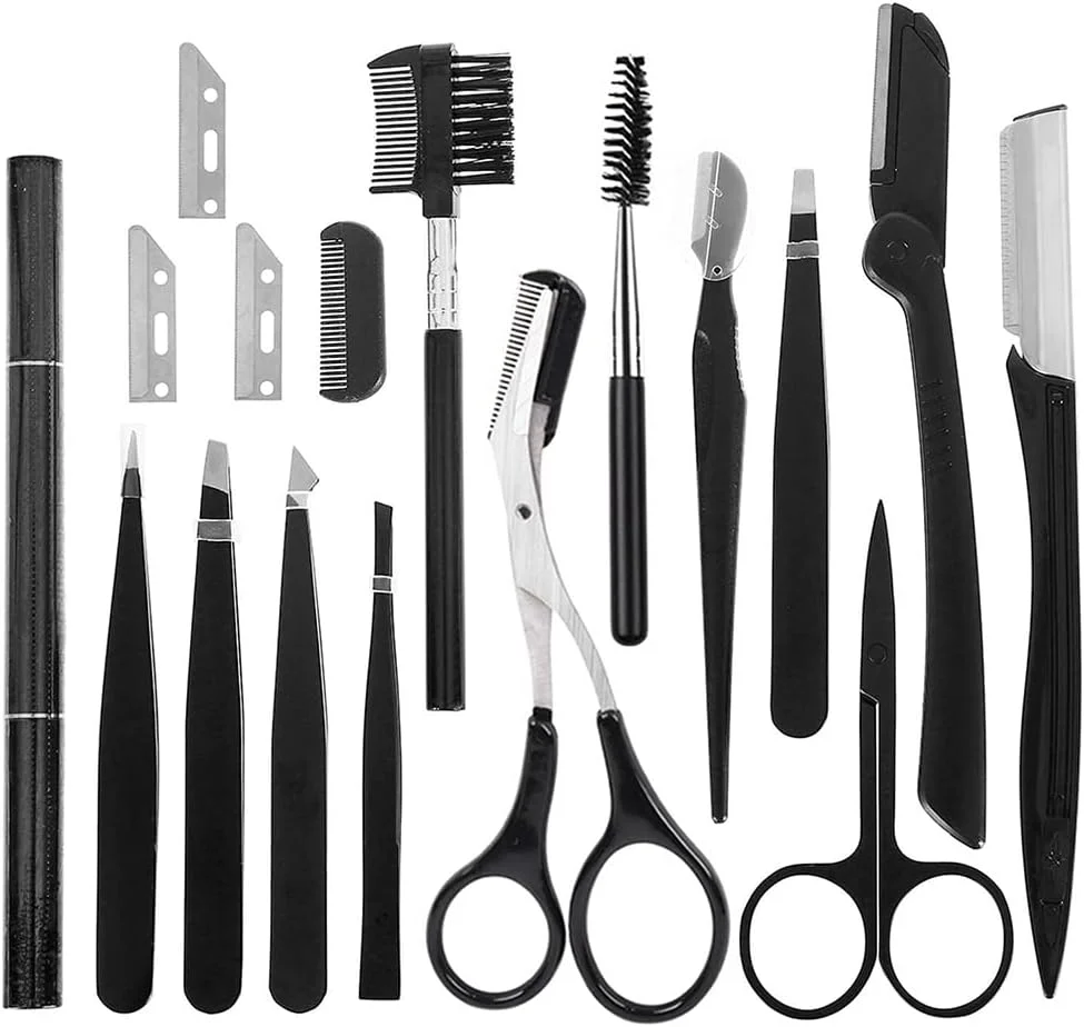 ست آرایش ابرو فانیتو 16 در 1، شامل تیغ صورت، موچین، قیچی، شانه، تریمر، برس، مجموعه ابزار زیبایی برای آقایان و بانوان در کیف شفاف