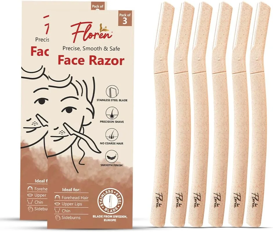 تیغ صورت فلورن زنانه | برای از بین بردن موهای صورت به طور صاف و آسان | مناسب برای موهای هلوئی، چانه، لب بالا، ابروها | ابزار درماپلنینگ | مناسب برای مسافرت | شکل دهنده ابرو | بسته 3 عددی