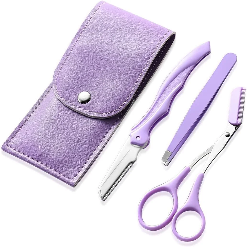 قیچی اصلاح ابرو با شانه، تیغ ابرو استیل ضد زنگ، قیچی موی مژه، ست مبتدی اصلاح ابرو، ابزار آرایش (بنفش)