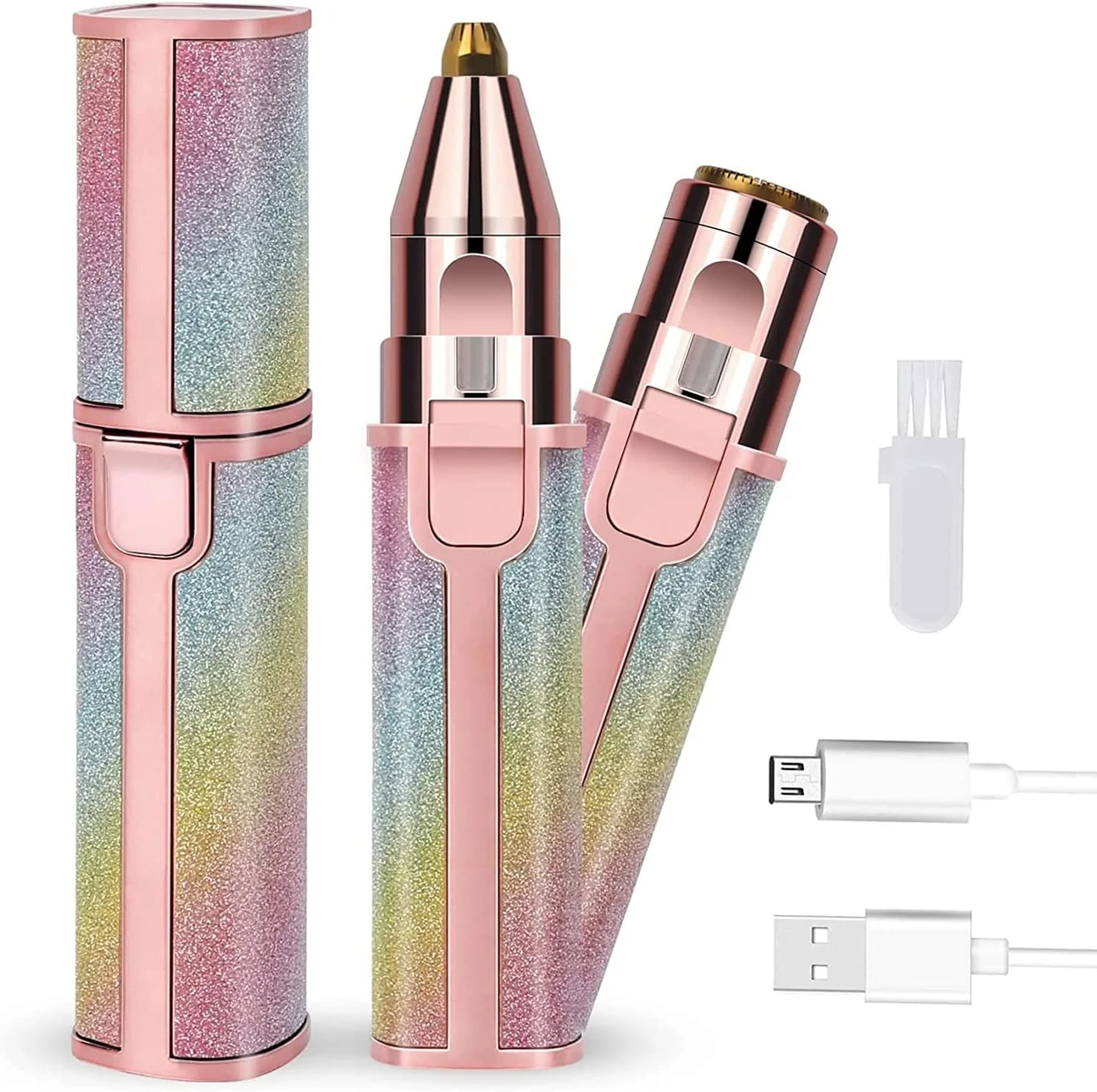 موکن ابرو و از بین برنده موهای صورت، تیغ ابرو و موبر 2 در 1، تیغ های بدون درد قابل شارژ برای موهای کرکی صورت، ابرو، لب، بدن، چانه، بازوها، با چراغ LED داخلی (صورتی ممتاز)