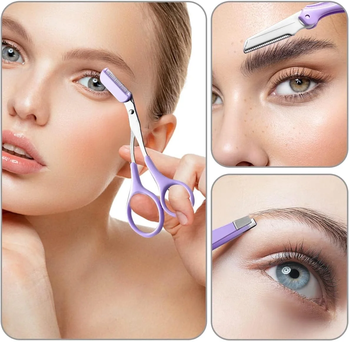 قیچی اصلاح ابرو با شانه، تیغ ابرو استیل ضد زنگ، قیچی موی مژه، ست مبتدی اصلاح ابرو، ابزار آرایش (بنفش) قیچی اصلاح ابرو با شانه، تیغ ابرو استیل ضد زنگ، قیچی موی مژه، ست مبتدی اصلاح ابرو، ابزار آرایش (بنفش)