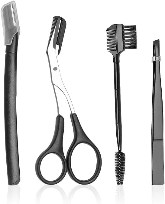 ست آرایش ابرو زنانه - ست 4 تکه مشکی با موچین، تیغ، قیچی و برس | ابزار حالت دهی دقیق ابرو و مژه