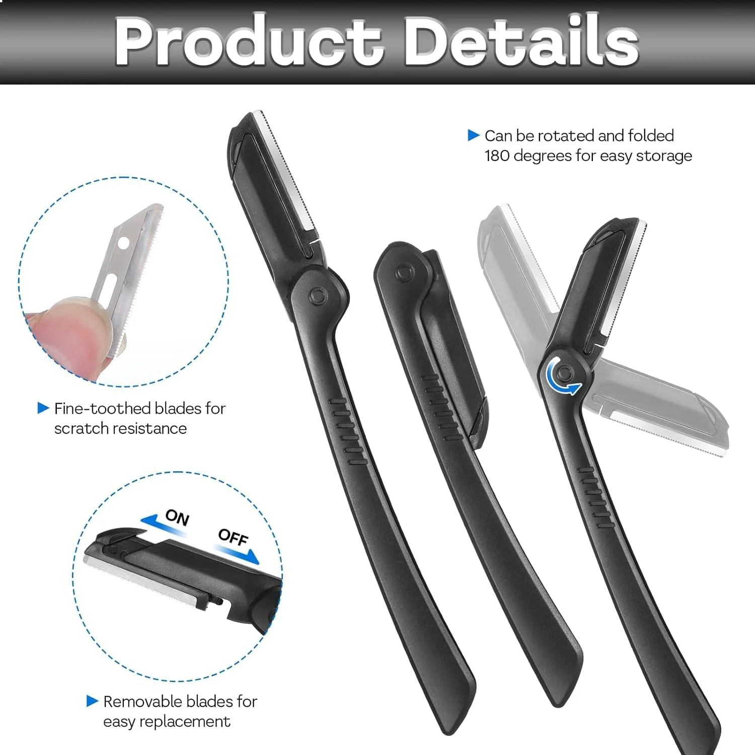 تیغ ابرو، تیغ درماپلین تاشو برای آقایان، تیغ موبر چند منظوره صورت، درماپلنر حذف کرک هلو برای لایه برداری و شاداب کردن پوست (مشکی)، بسته 10 عددی تیغ ابرو، تیغ درماپلین تاشو برای آقایان، تیغ موبر چند منظوره صورت، درماپلنر حذف کرک هلو برای لایه برداری و شاداب کردن پوست (مشکی)، بسته 10 عددی