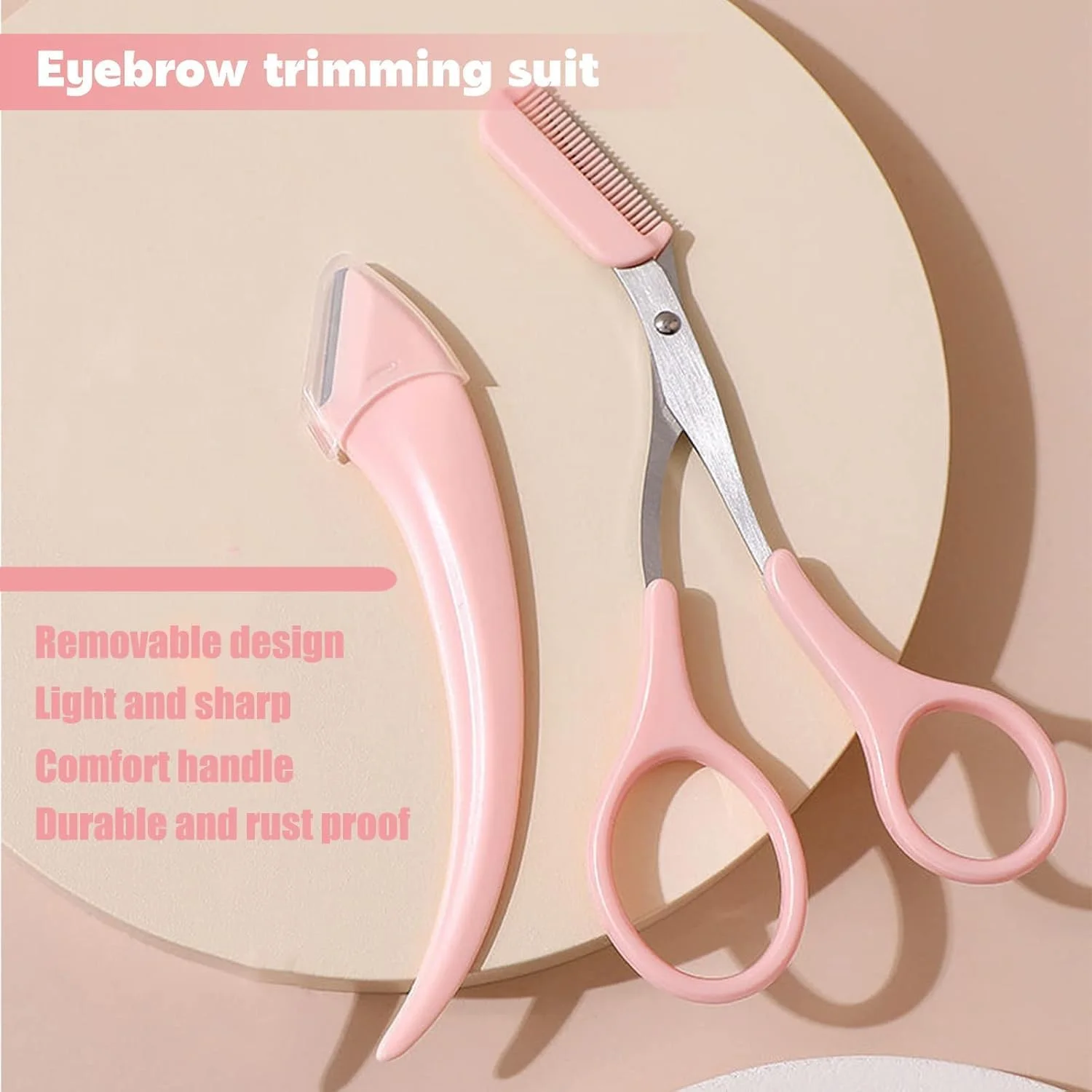 قیچی ابرو با شانه، قیچی ابرو، ابزار اصلاح ابرو، ابرو با شانه برای مبتدیان خانم ها دختران تیغ استیل ضد زنگ (صورتی)