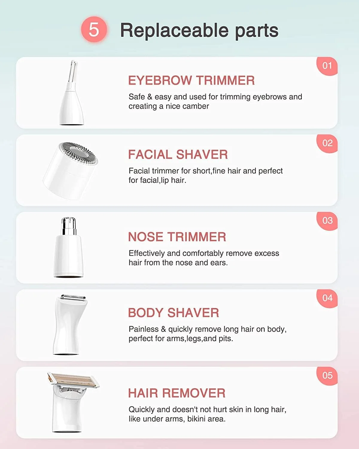 دستگاه اصلاح موی صورت 5 در 1 برقی زنانه، موبر بدون درد ابرو، کیت موبر بیکینی، برای صورت، ابرو، بینی، بازوها، پاها و موهای زائد، قابل شارژ USB و قابل حمل دستگاه اصلاح موی صورت 5 در 1 برقی زنانه، موبر بدون درد ابرو، کیت موبر بیکینی، برای صورت، ابرو، بینی، بازوها، پاها و موهای زائد، قابل شارژ USB و قابل حمل