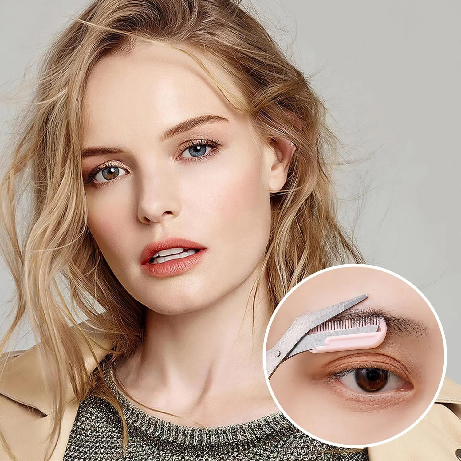 قیچی ابرو با شانه، قیچی ابرو، ابزار اصلاح ابرو، ابرو با شانه برای مبتدیان زنان و دختران تیغ استیل ضد زنگ (صورتی)