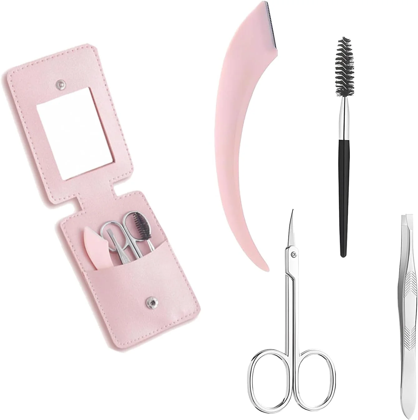 ست 5 تکه مرتب کننده ابرو - شامل قیچی ابرو، تیغ ابرو، موچین، برس و آینه، به همراه کیف چرمی - ابزار آرایش ابرو زنانه - صورتی ست 5 تکه مرتب کننده ابرو - شامل قیچی ابرو، تیغ ابرو، موچین، برس و آینه، به همراه کیف چرمی - ابزار آرایش ابرو زنانه - صورتی