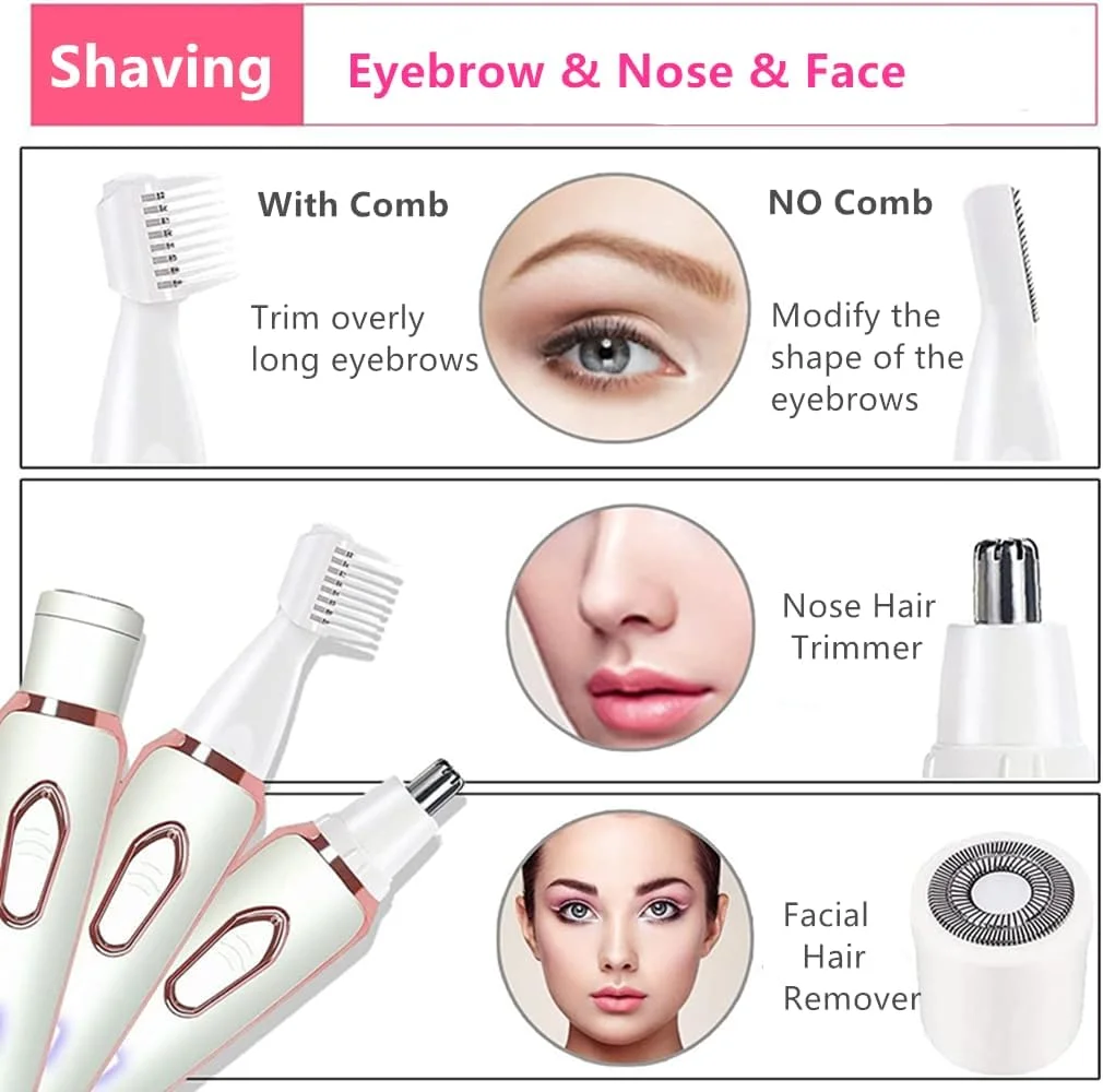 ماشین اصلاح برقی زنانه، ماشین اصلاح قابل حمل 4 در 1، از بین برنده موهای صورت، موزن ابرو قابل شارژ USB، ماشین اصلاح بدون درد برای بیکینی، موهای بینی، ابرو، بدن، خط ریش ماشین اصلاح برقی زنانه، ماشین اصلاح قابل حمل 4 در 1، از بین برنده موهای صورت، موزن ابرو قابل شارژ USB، ماشین اصلاح بدون درد برای بیکینی، موهای بینی، ابرو، بدن، خط ریش