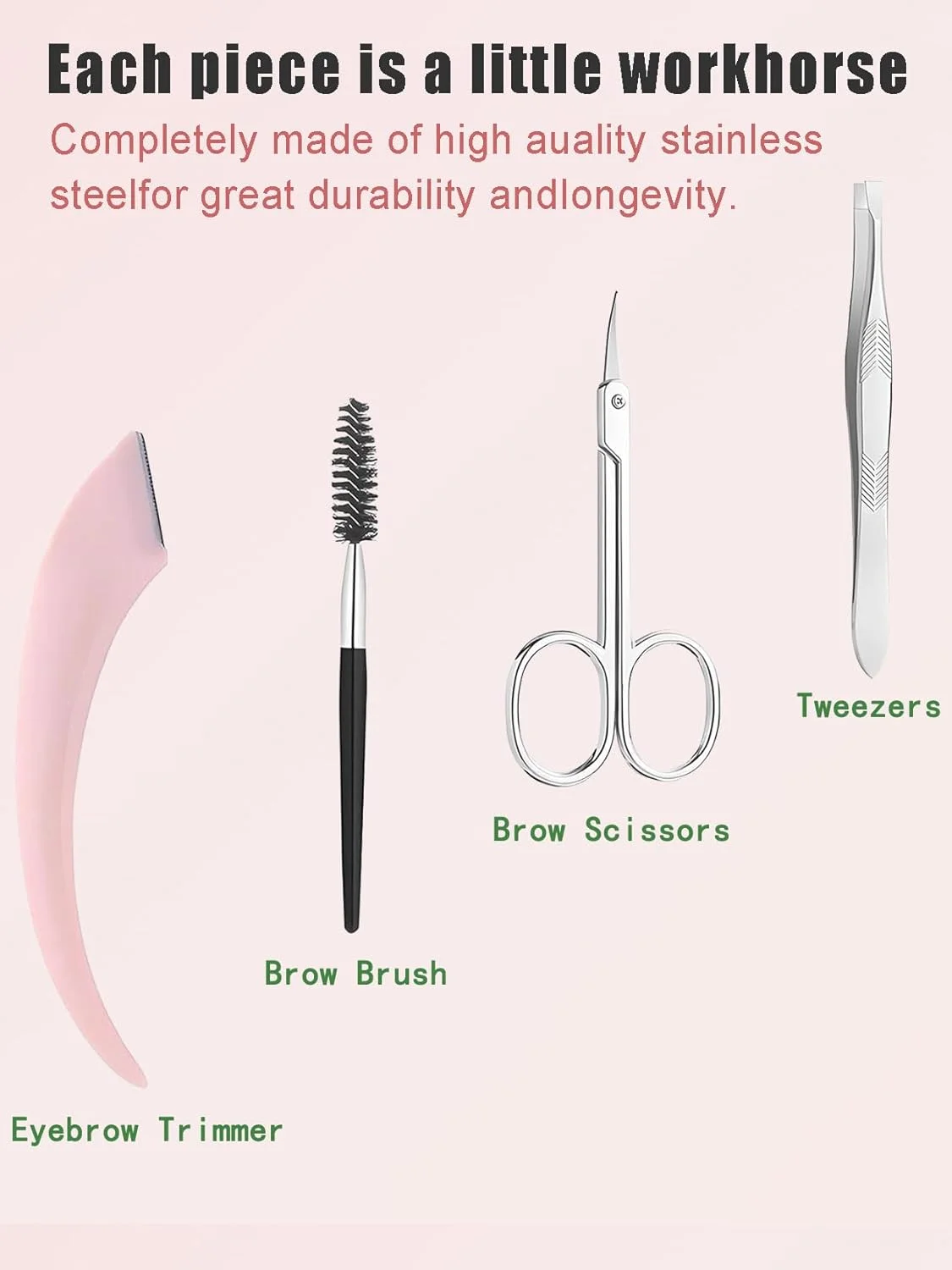 ست 5 تکه مرتب کننده ابرو - شامل قیچی ابرو، تیغ ابرو، موچین، برس و آینه، به همراه کیف چرمی - ابزار آرایش ابرو زنانه - صورتی