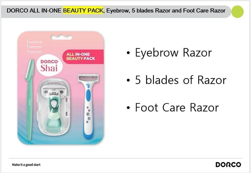 پک تیغ اصلاح زنانه دورکو شای مدل All In-One Beauty، دسته لاستیکی ارگونومیک، اتصال قابل تعویض، تیغ مراقبت از پا، تیغ 5 لبه و تیغ ابرو