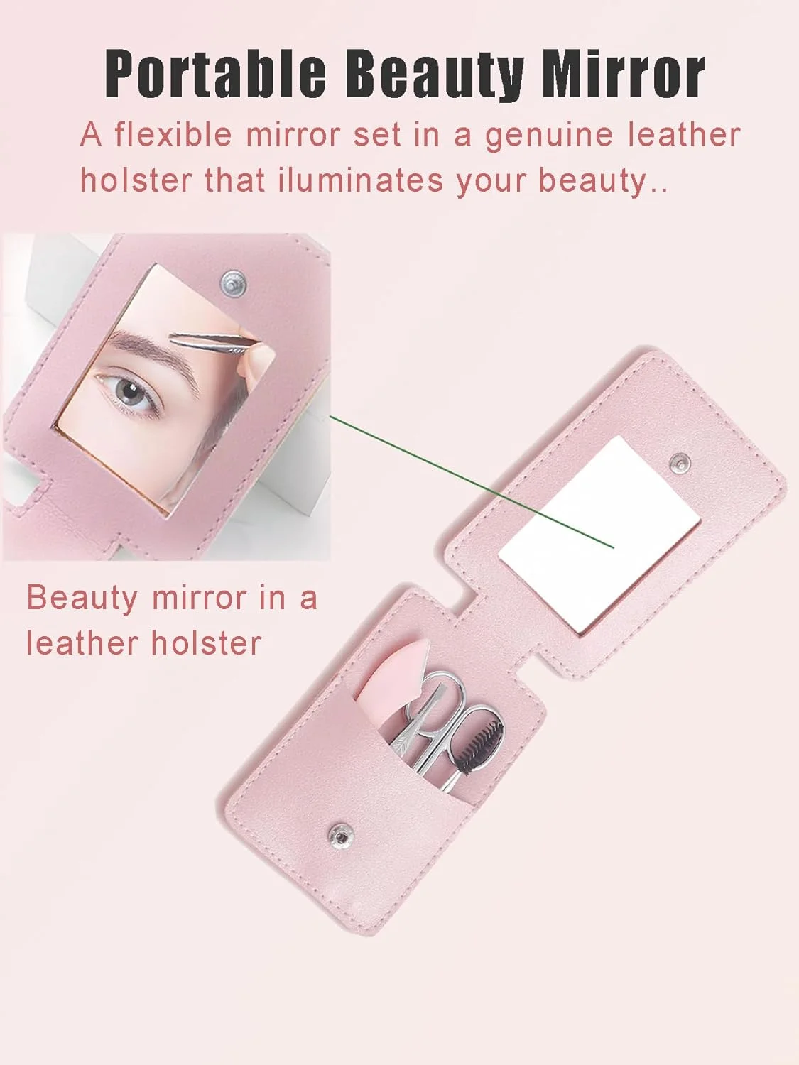 ست 5 تکه مرتب کننده ابرو - شامل قیچی ابرو، تیغ ابرو، موچین، برس و آینه، به همراه کیف چرمی - ابزار آرایش ابرو زنانه - صورتی