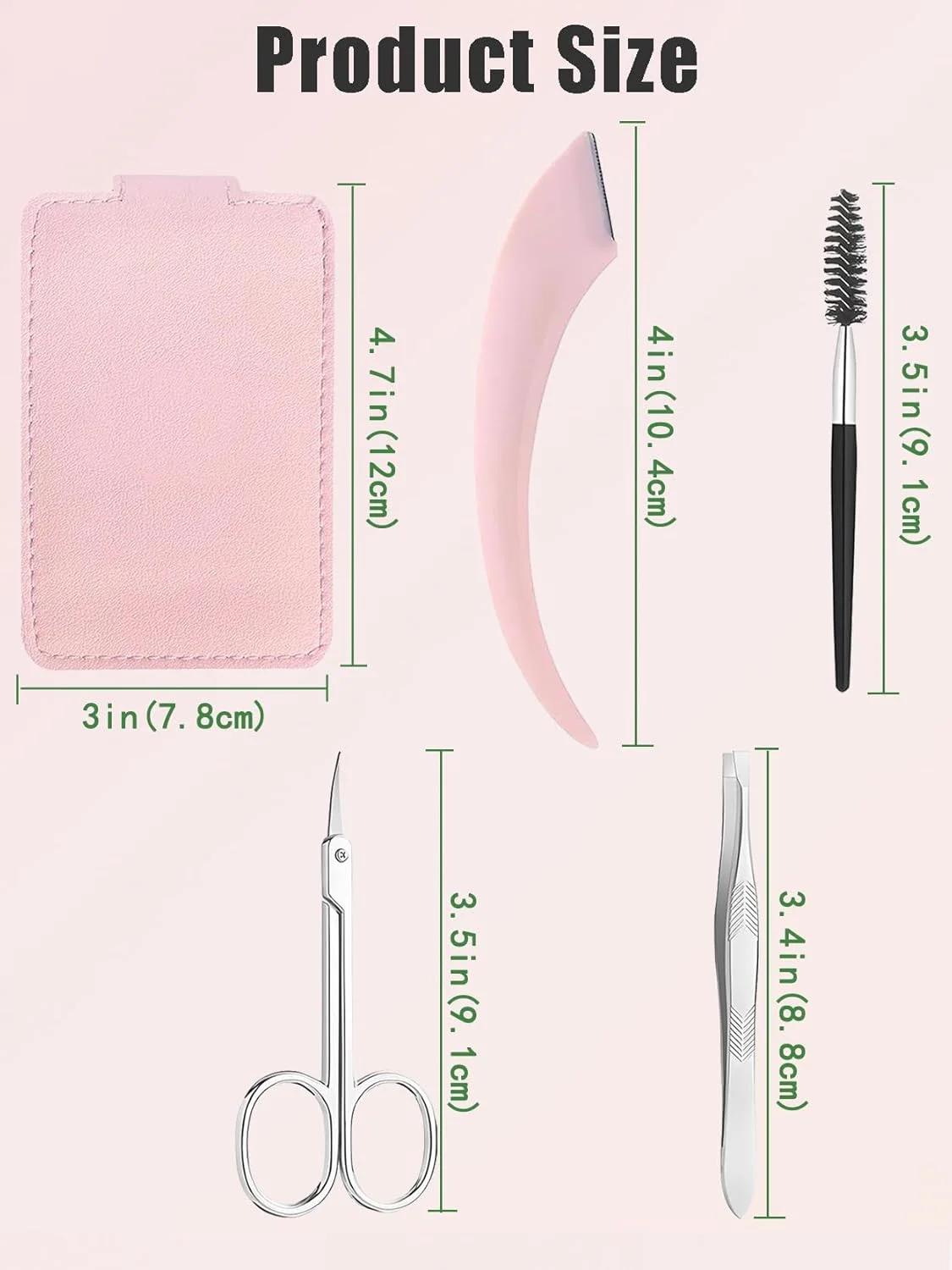 ست 5 تکه مرتب کننده ابرو - شامل قیچی ابرو، تیغ ابرو، موچین، برس و آینه، به همراه کیف چرمی - ابزار آرایش ابرو زنانه - صورتی