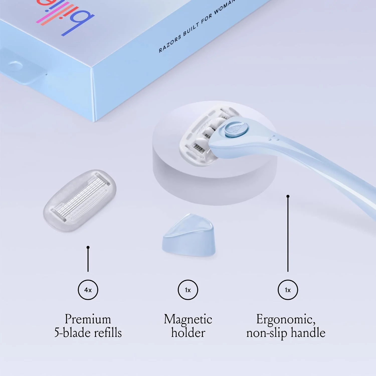 کیت اصلاح صورت Billie برای زنان - تیغ اصلاح زنانه + 4 عدد یدک تیغ 5 لبه + نگهدارنده مغناطیسی - آبی خنک کیت اصلاح صورت Billie برای زنان - تیغ اصلاح زنانه + 4 عدد یدک تیغ 5 لبه + نگهدارنده مغناطیسی - آبی خنک