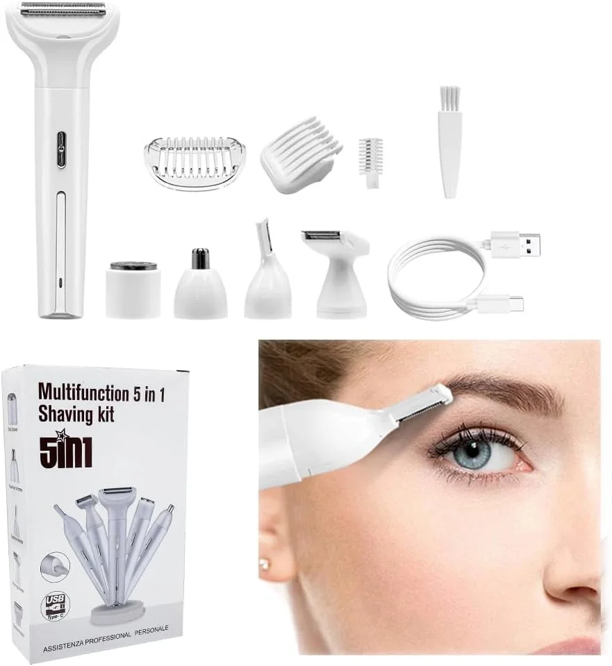 ست ریش تراش ابرو Azonee، ریش تراش برقی 5 در 1 - موبر بدون درد برای صورت، پاها، زیر بغل و موارد دیگر - کیت حذف موی قابل شارژ USB با چندین ضمیمه (سفید)
