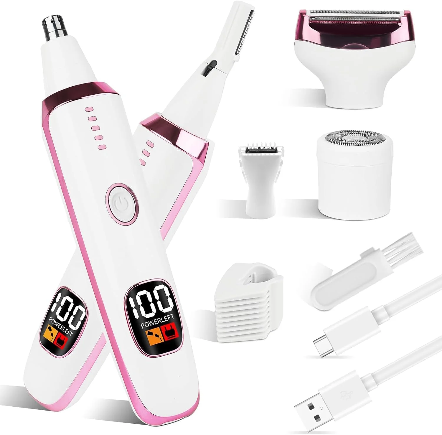 ماشین اصلاح برقی 5 در 1 زنانه AccLoo، تیغ اصلاح بدون درد و قابل شارژ بانوان، اپیلاتور مرطوب و خشک، تریمر بیکینی USB و موبر صورت برای صورت، بازوها، پاها، زیر بغل، ابروها، بینی